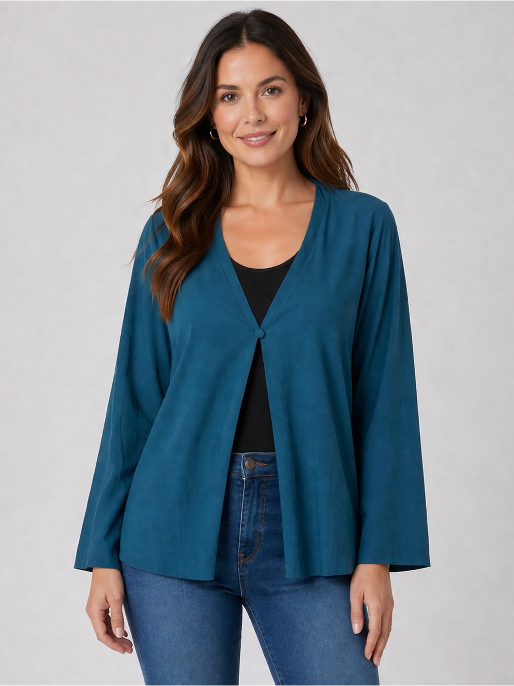 Eileen Fisher Silk Open Front Crepe Cardigan Blouse Top Single Button Womens L‎